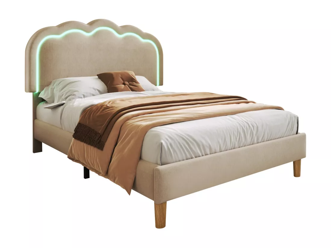 Lit capitonné 90 x 190 cm avec tête de lit réglable pour chambre à coucher - LEDs - tissu lin - beige