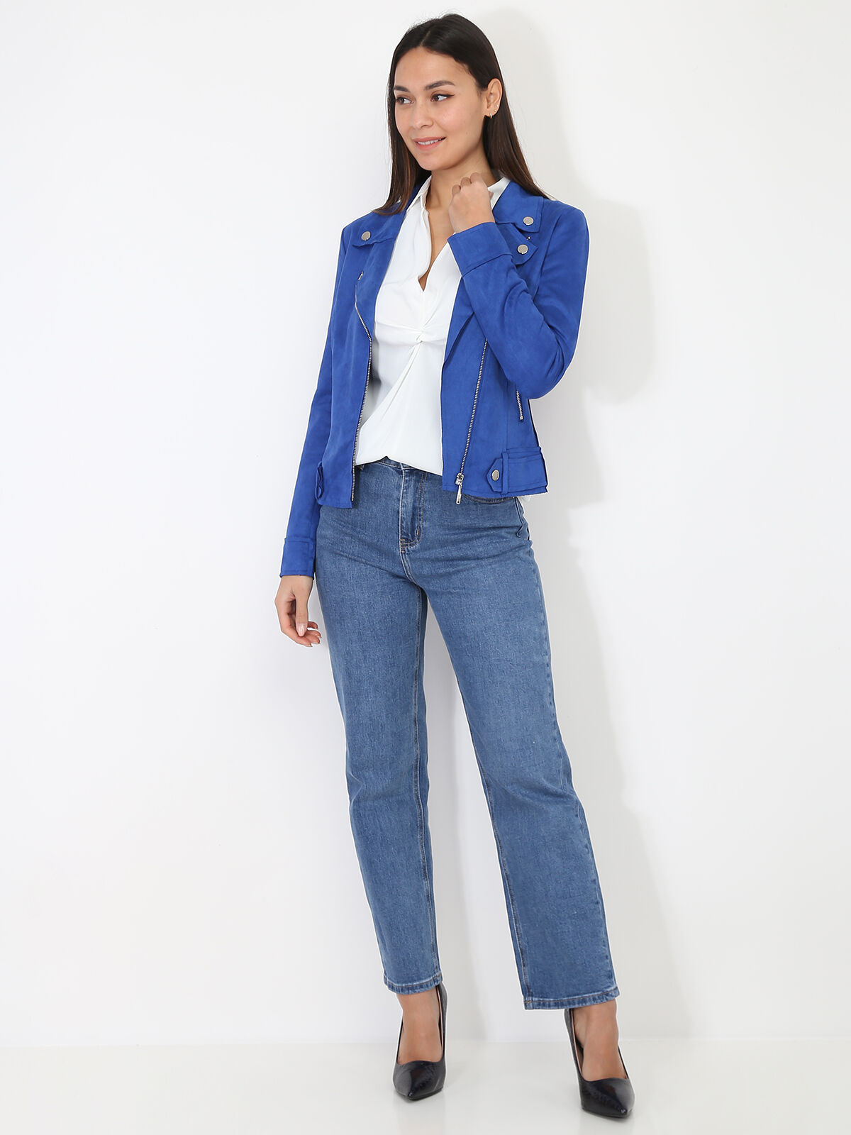 Blouson biker zippé en suédine- Bleu