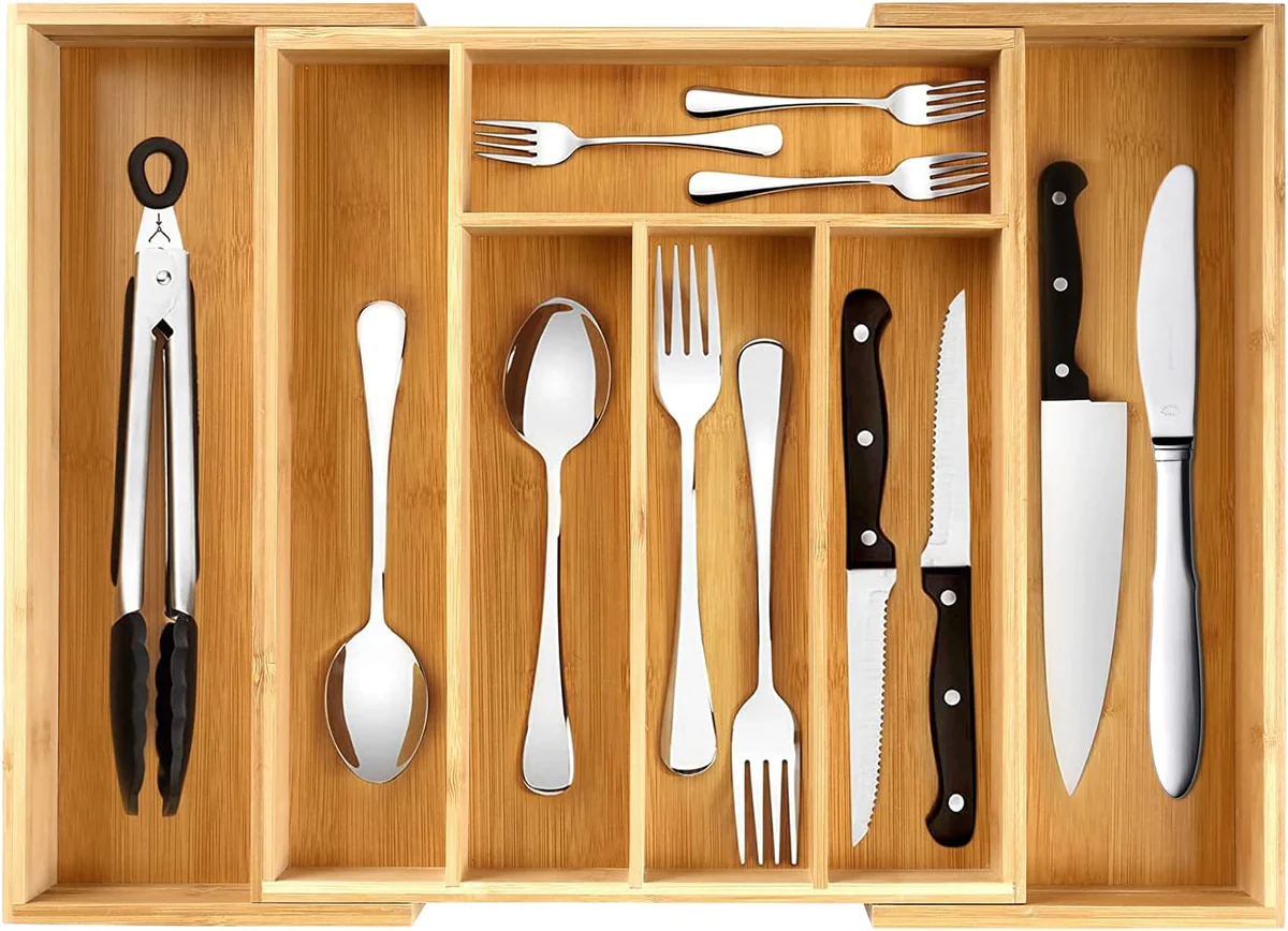 Range-couverts pour tiroirs en bambou Extensible jusqu'à 7 compartimen