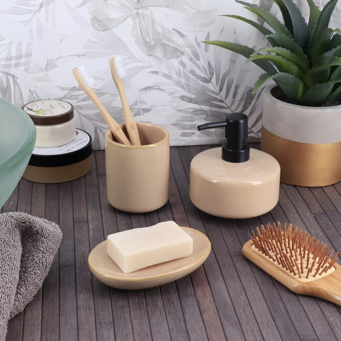 Set d'accessoires salle de bain grès laqué Season color Beige