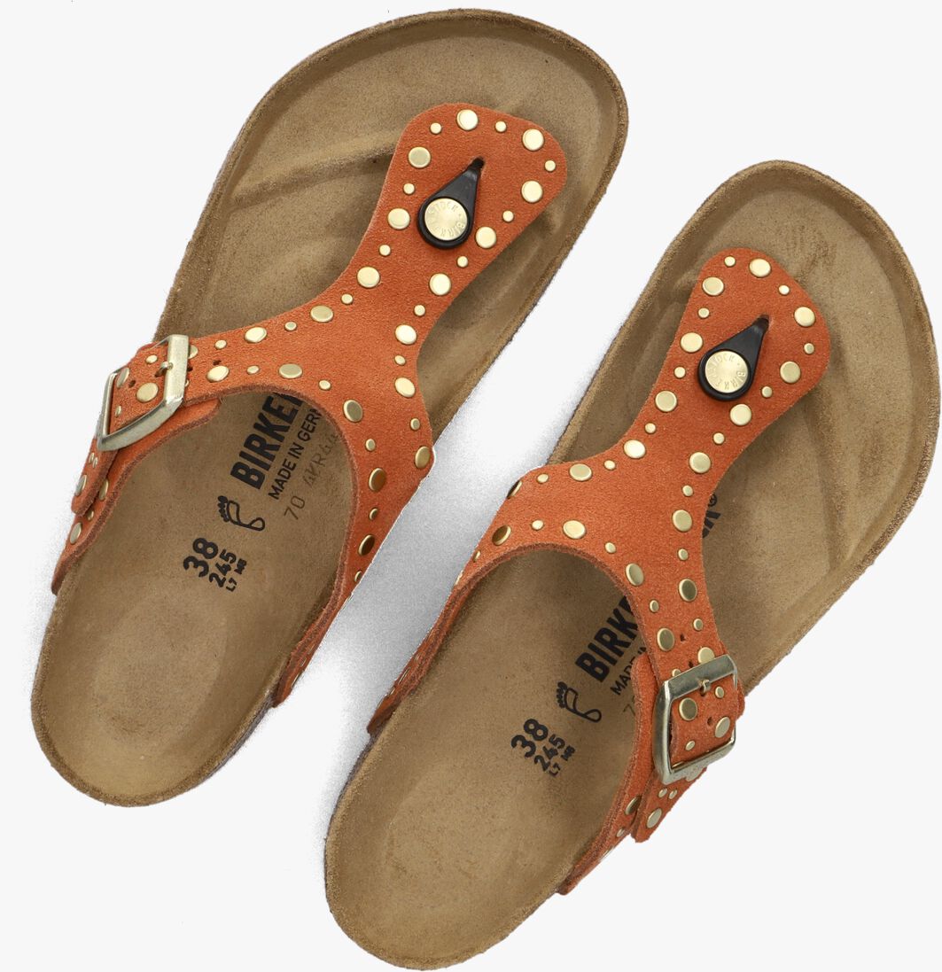 oranje birkenstock teenslippers gizeh rivet border
