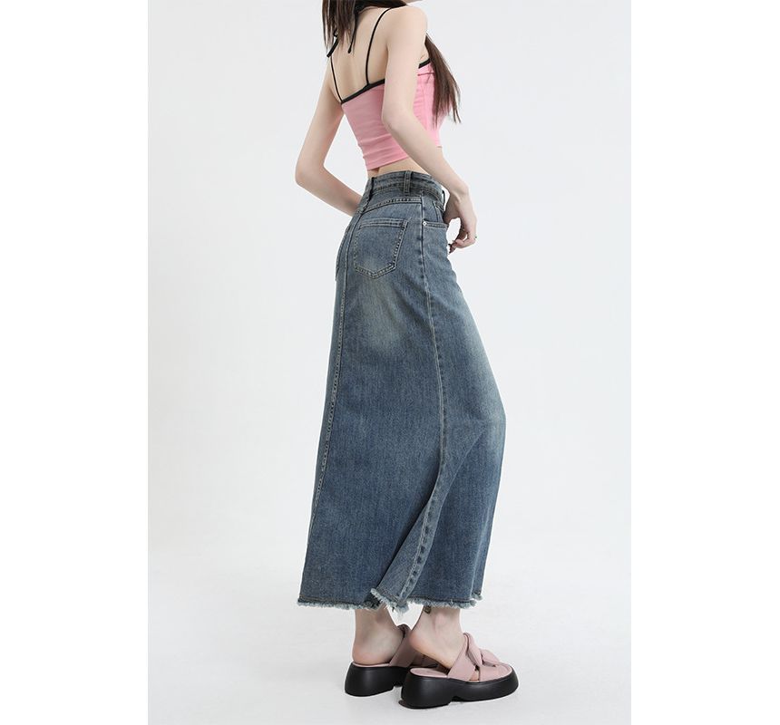 Denimot - Denim maxi-rok met hoge taille en franjes aan de zoom