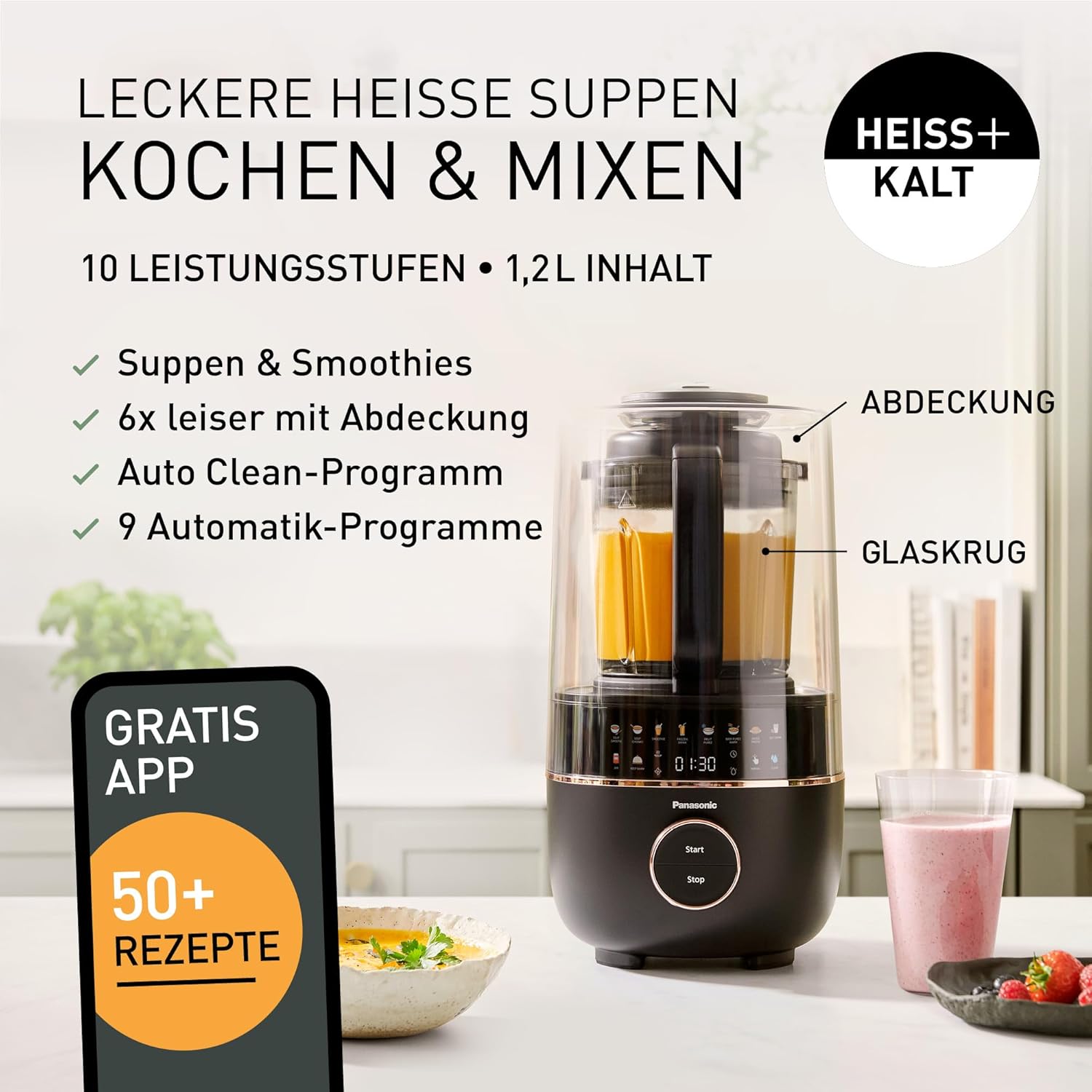 Panasonic MX-HG4401KXE Standmixer & Suppenbereiter,2 l, 800 W, Leiser Mixer,Heiß & Kalt, 9 Automatikprogramme, 10 Geschwindigkeitsstufen, Timer, Warmhalten, Automatische Reinigung, Schwarz & Roségold