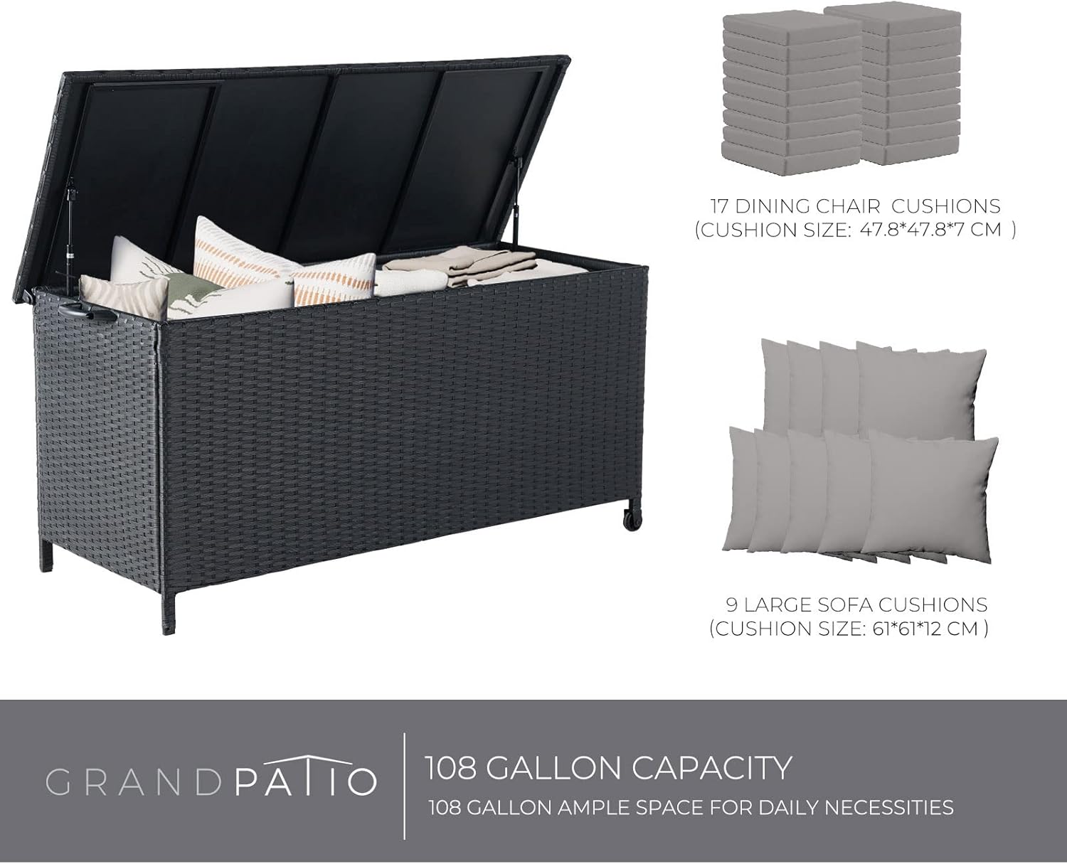 Grand patio Rattan Auflagenbox 480 Liter Gartenbox mit Deckel und Gasdruckfedern, UV-beständig Aufbewahrungskiste mit Zwei Radern, Leicht Bewegen, Kissenbox für Garten, Balkon (Schwarz)