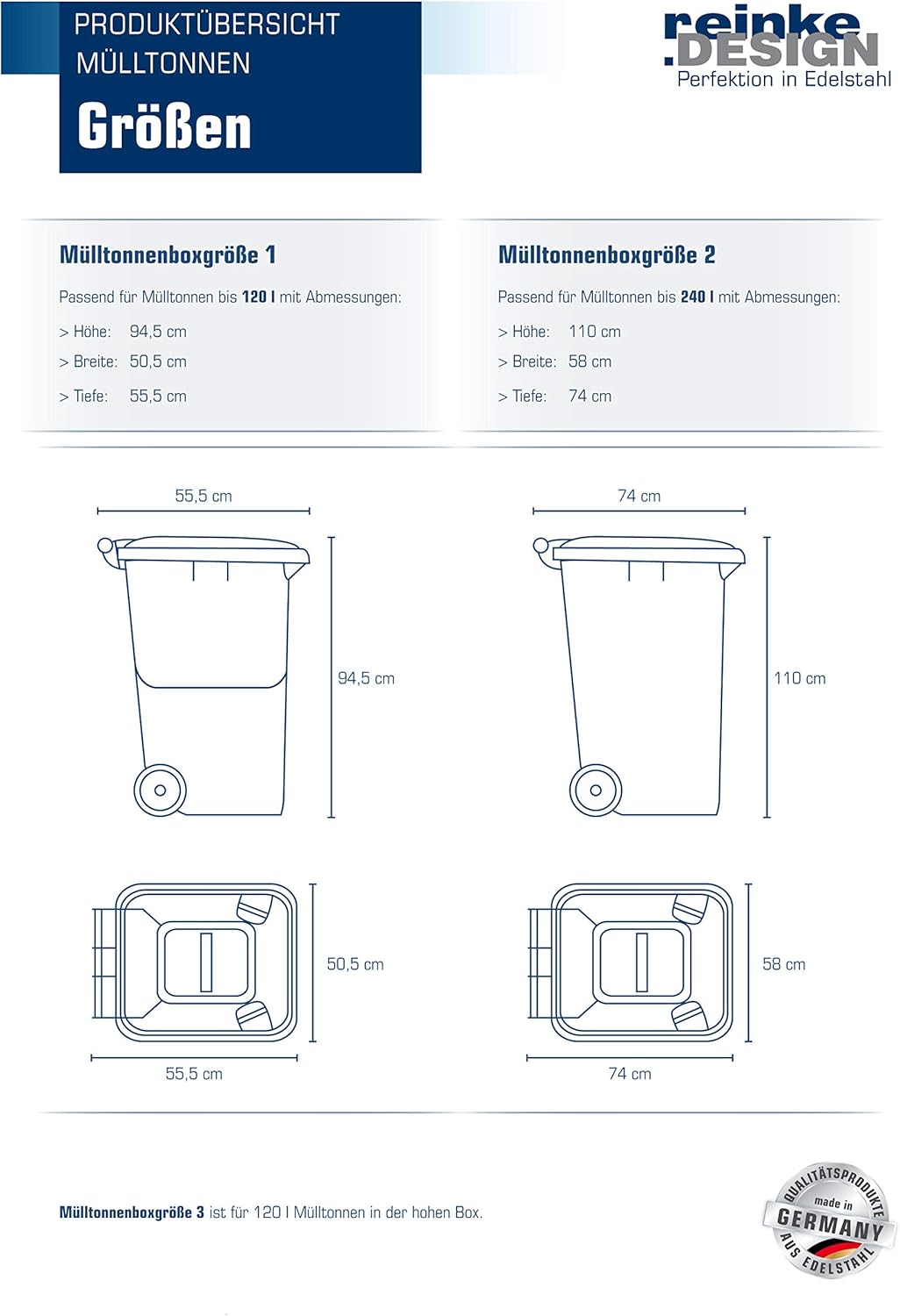 Mülltonnenbox aus Edelstahl mit Edelstahlpfosten (3X 120l, T-Design, Pultdach, Edelstahl)