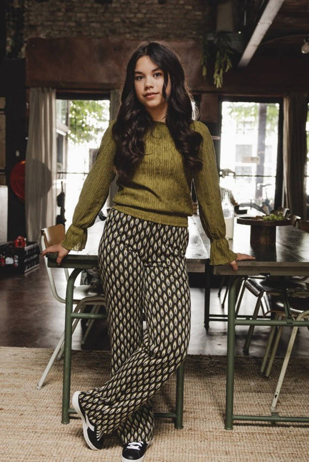 LOOXS loose fit broek met all over print mosgroen/zwart