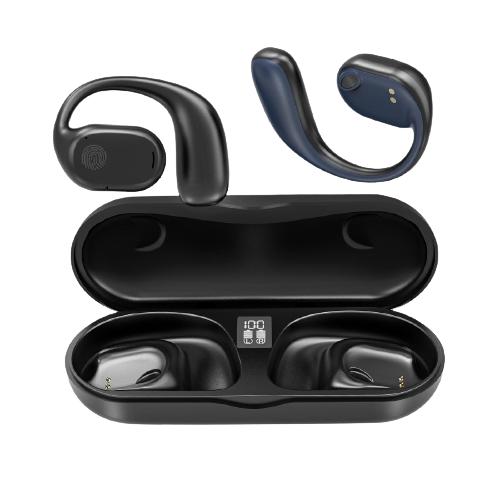 Fones de ouvido Klack Bluetooth 5.3 com condução óssea e estojo de carregamento.