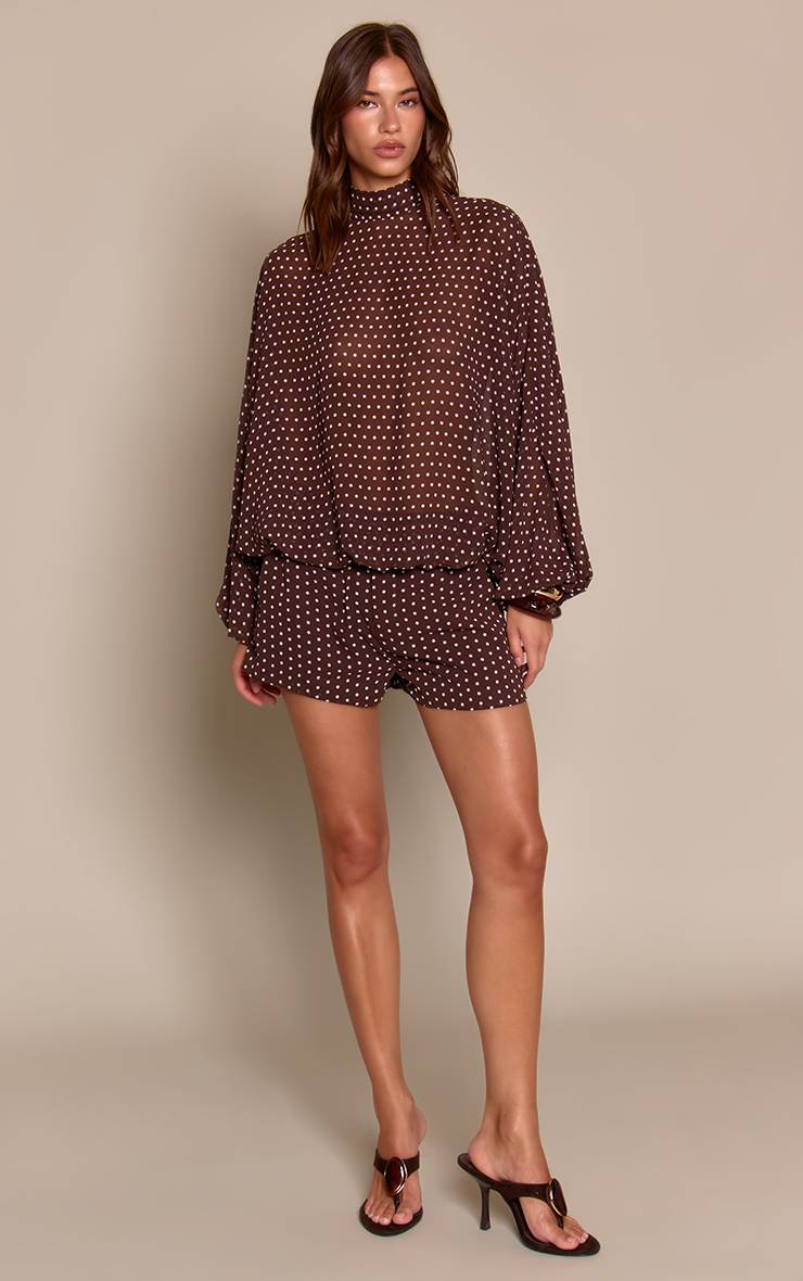 Marron Ensemble Coordonné Short Taille Haute En Mousseline À Pois