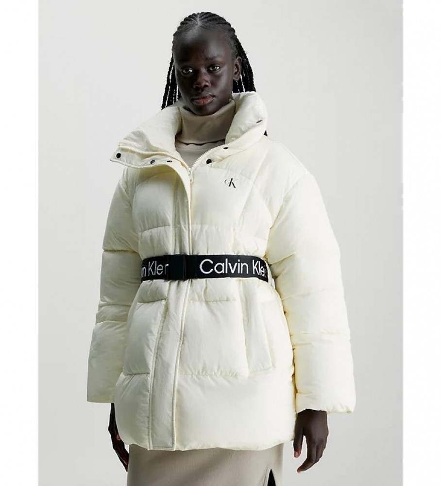 Casaco de penas Calvin Klein Jeans de corte folgado com cinto, branco
