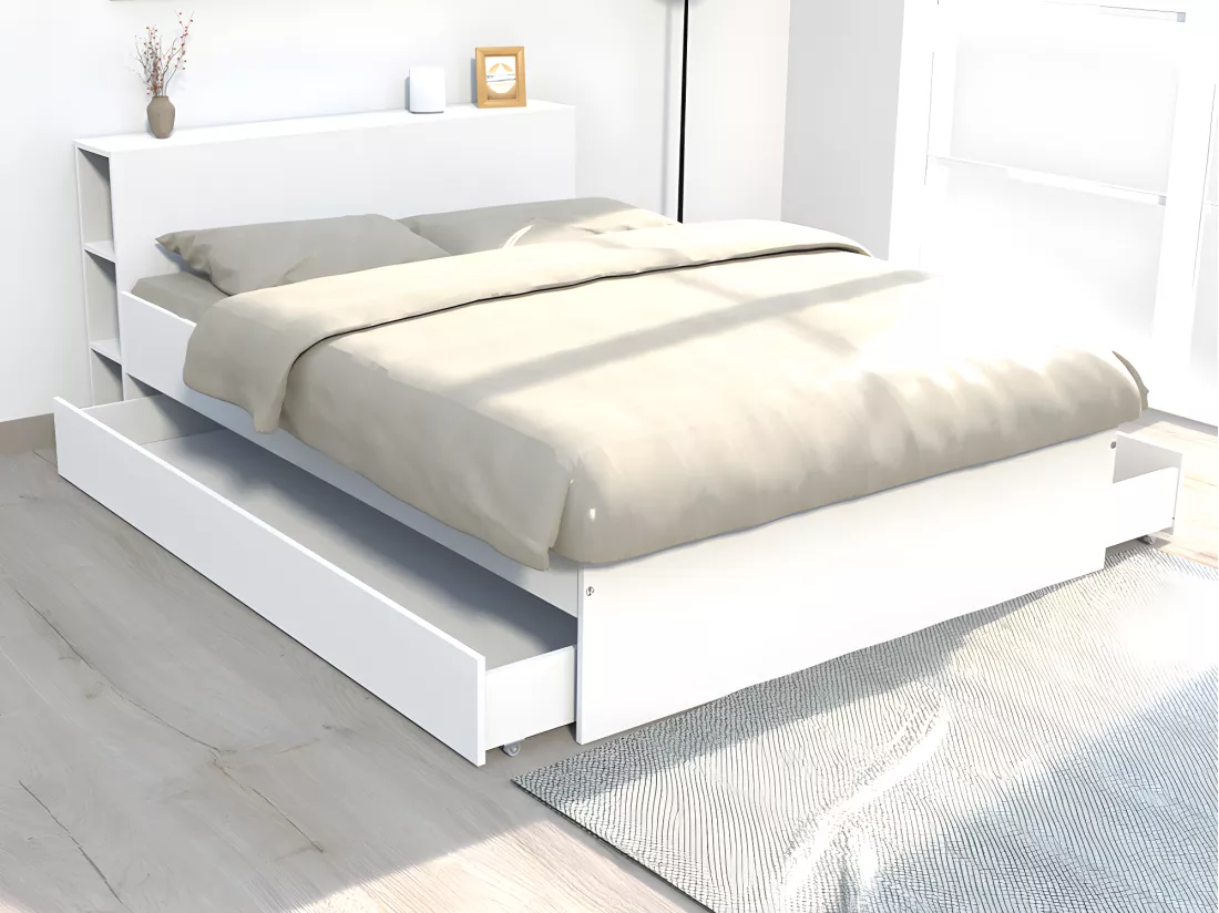 Lit avec tête de lit rangements et tiroirs 140 x 190 cm - Blanc + Sommier - EUGENE