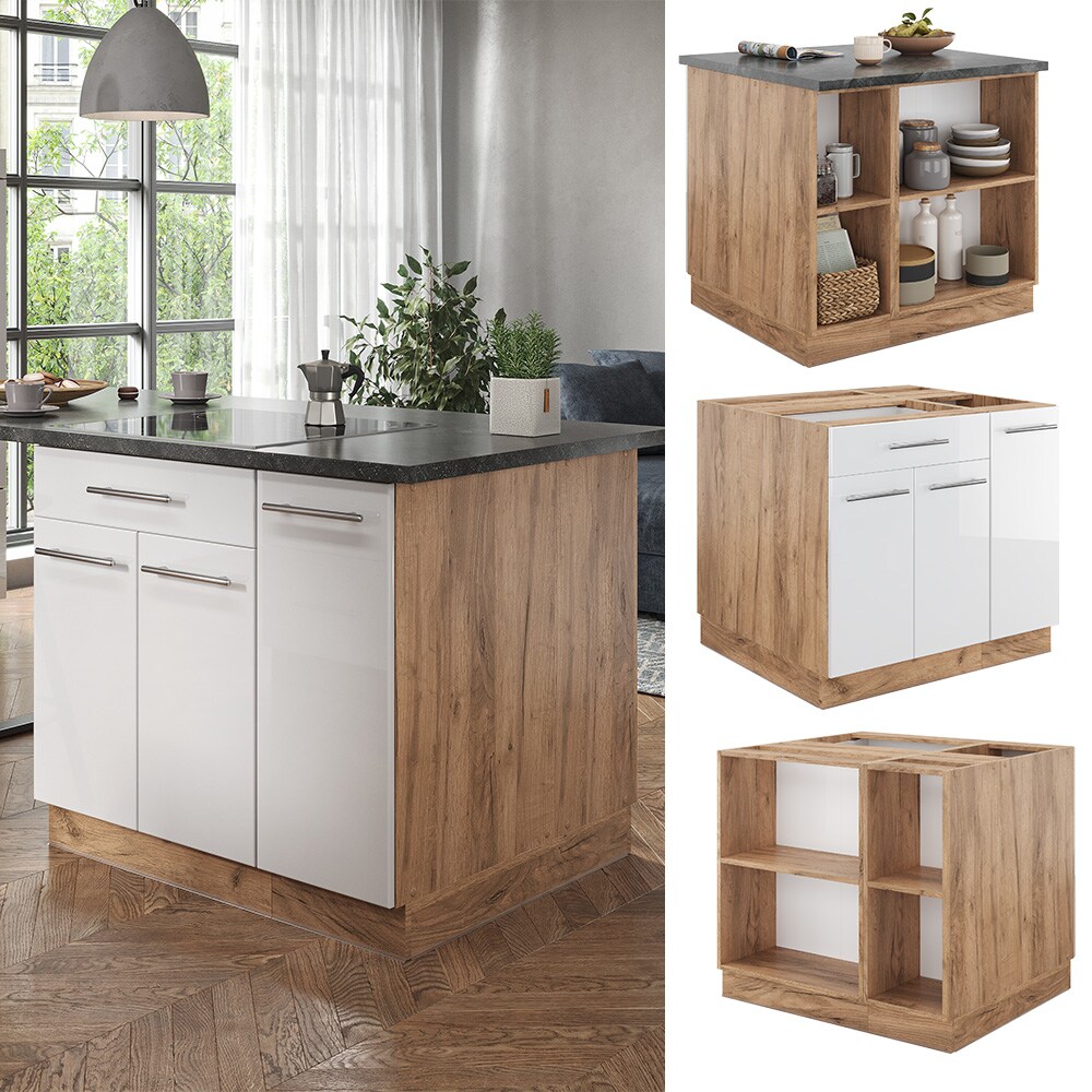 Vicco Kücheninsel Küchenblock Einbauküche Fame-Line Eiche Weiß 90 cm modern Hochglanz Küchen Schränke Apothekerunterschrank Schubunterschrank Regalinselunterschrank Softclose-Scharnier Küchenmöbel