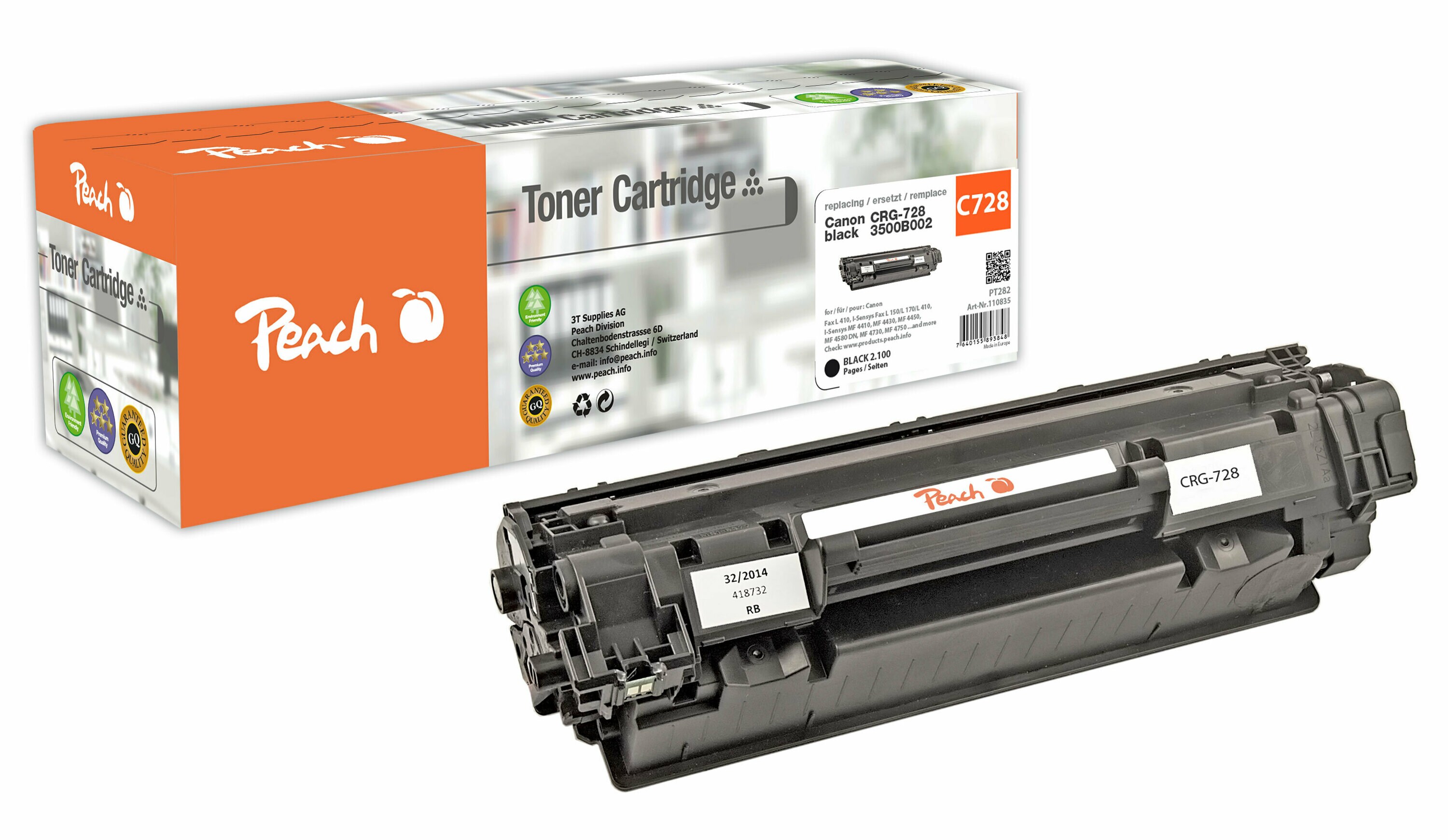 Peach HP 728 bk Toner bk ersetzt Canon CRG-728 bk, 3500B002 für z.B. Canon Fax L 150, Canon Fax L 170, Canon ISensys Fax L 150 (wiederaufbereitet)