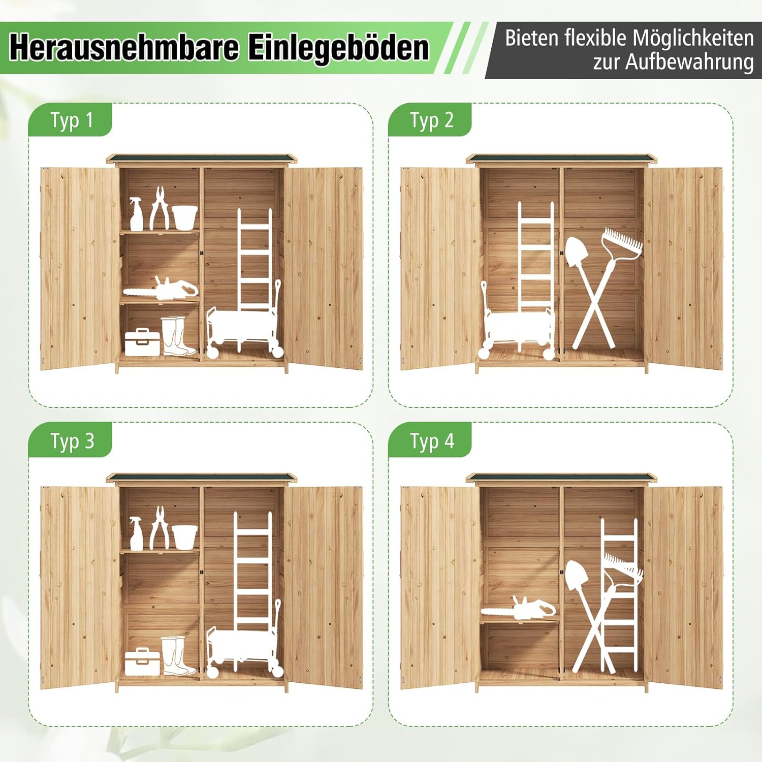 COSTWAY Gartenschrank Holz, Geräteschuppen mit Wasserfestem Asphaltdach & Abnehmbare Regale & Abschließbare Türen, Gerätehaus, Outdoor Gartenhaus für Garten, Terrasse, Rasen, 140 x 51 x 163 cm