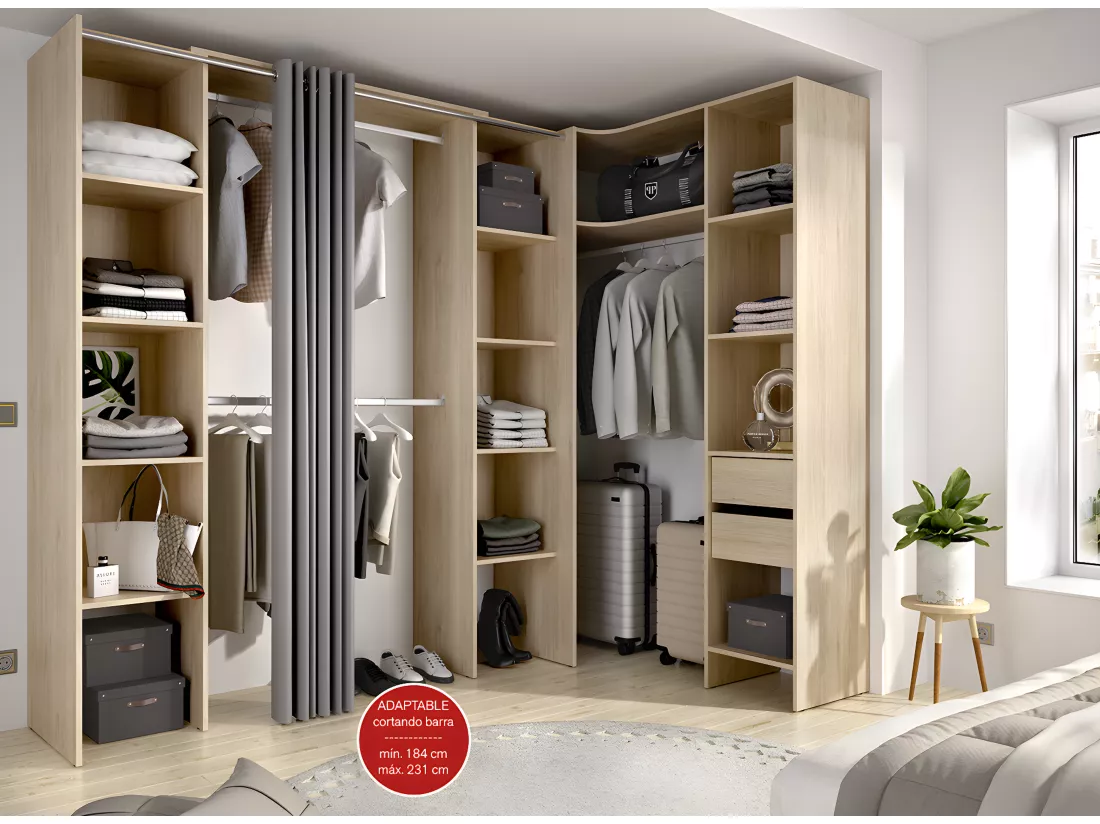 Kit armoire dressing d'angle extensible en bois mélaminé coloris chêne naturel - Longueur 164-234 x Profondeur 141 x Hauteur 205 cm