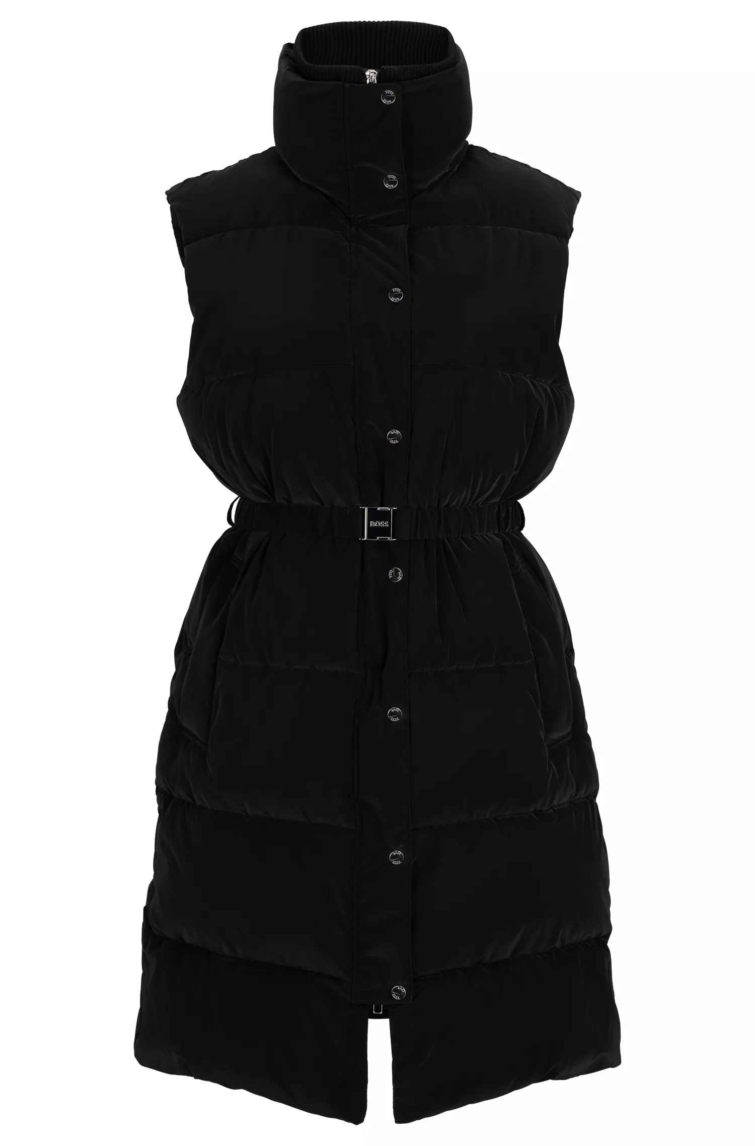 Colete puffer preto longo da BOSS com cinto de fivela