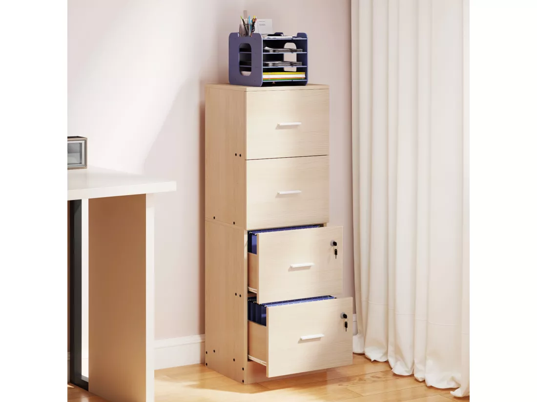 YITAHOME Caisson Bureau avec 4 tiroirs, 127,5 cm Armoire de Classement Verrouillable, Armoire pour Format A4, Couleur du bois