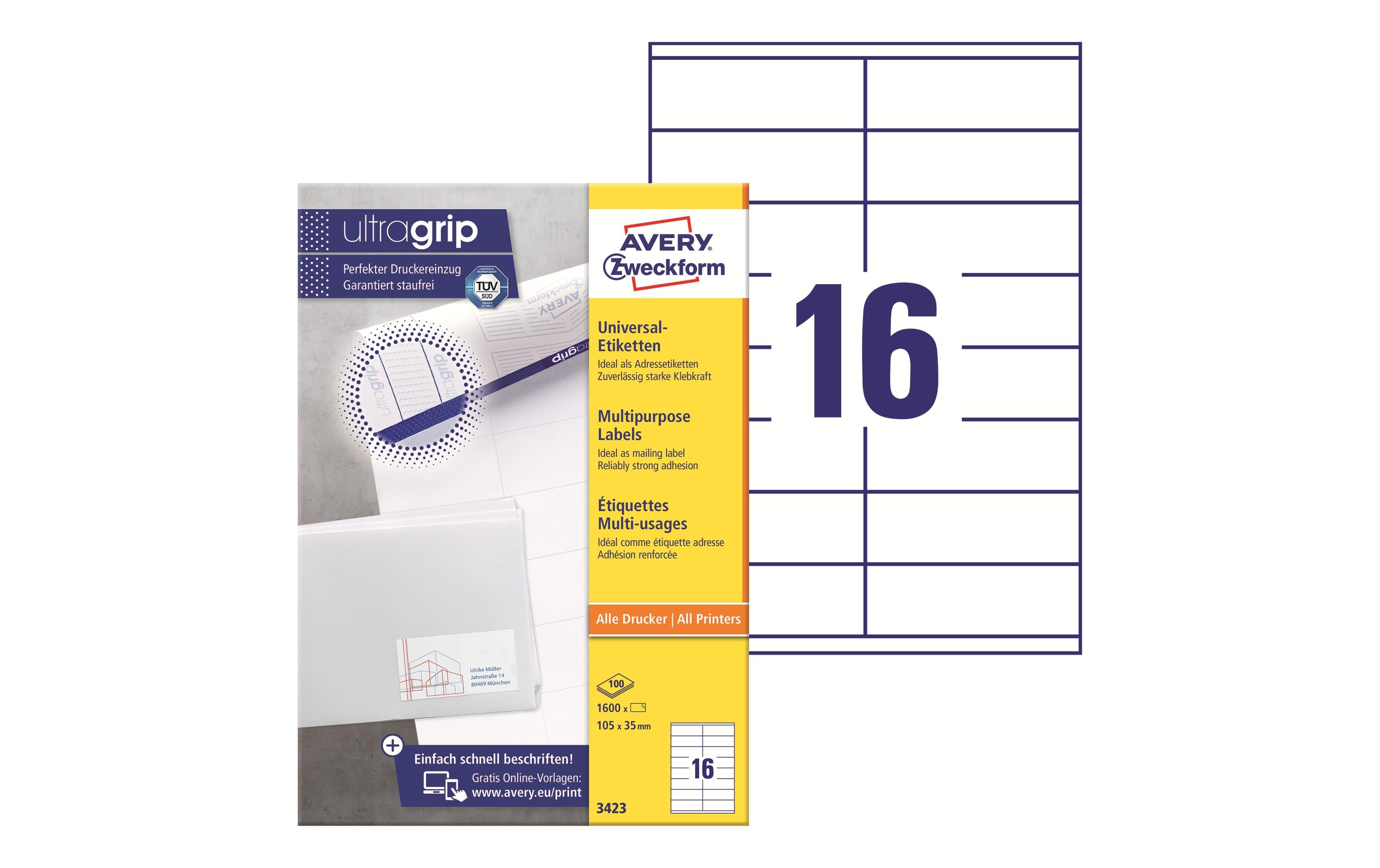 Universal-Etiketten 3423 105 x 35 mm, 100 BlattWeisse Aufkleber, permanent haftend