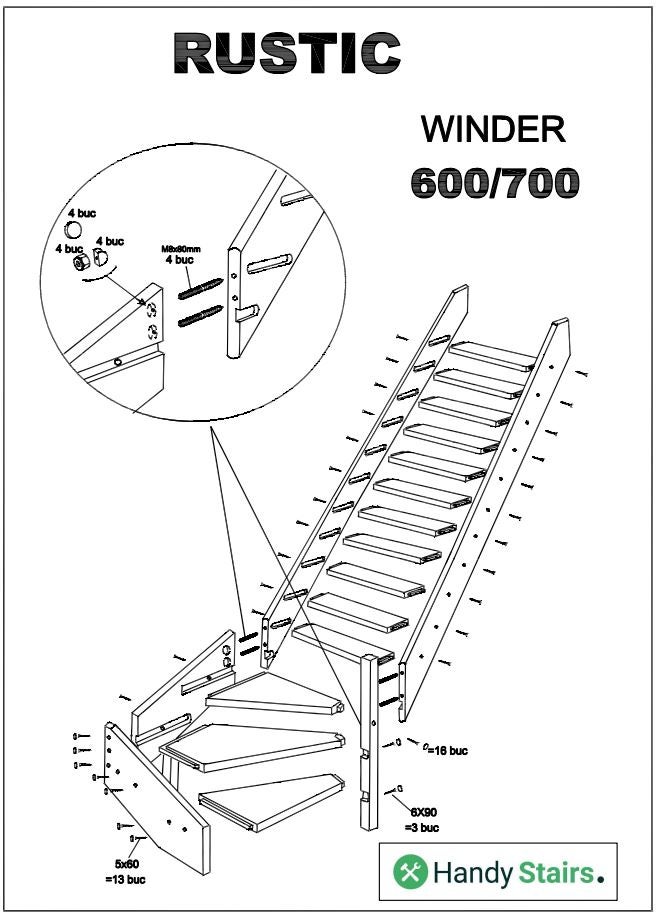 HandyStairs Müllertreppe “Rustic70” – kwartslag links – hoogte 280 cm – 13 treden van dennenhout