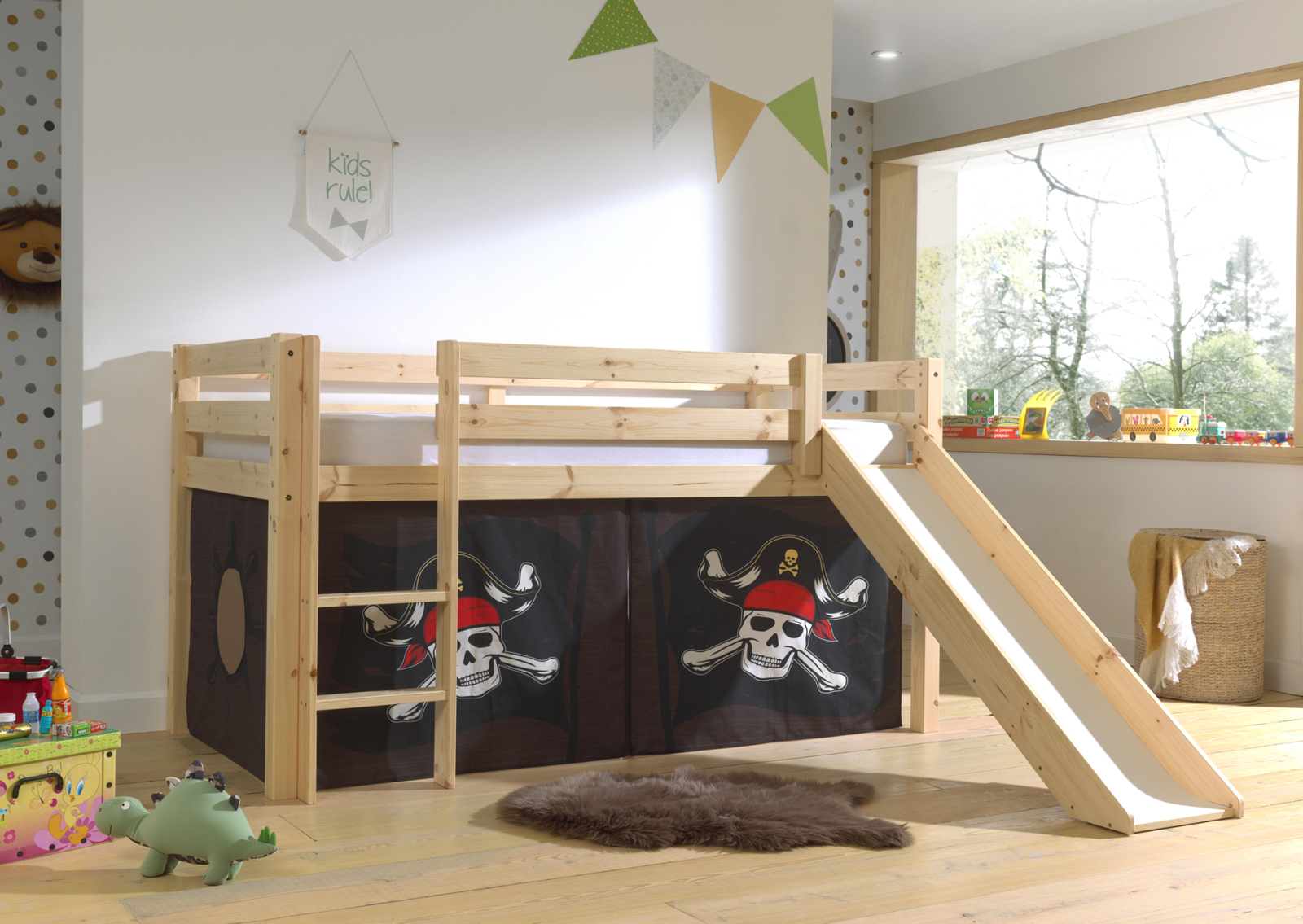Halbhochbett PINO - Caribian Pirate - Kiefer natur Massivholz - mit Rutsche - 90x200 cm
