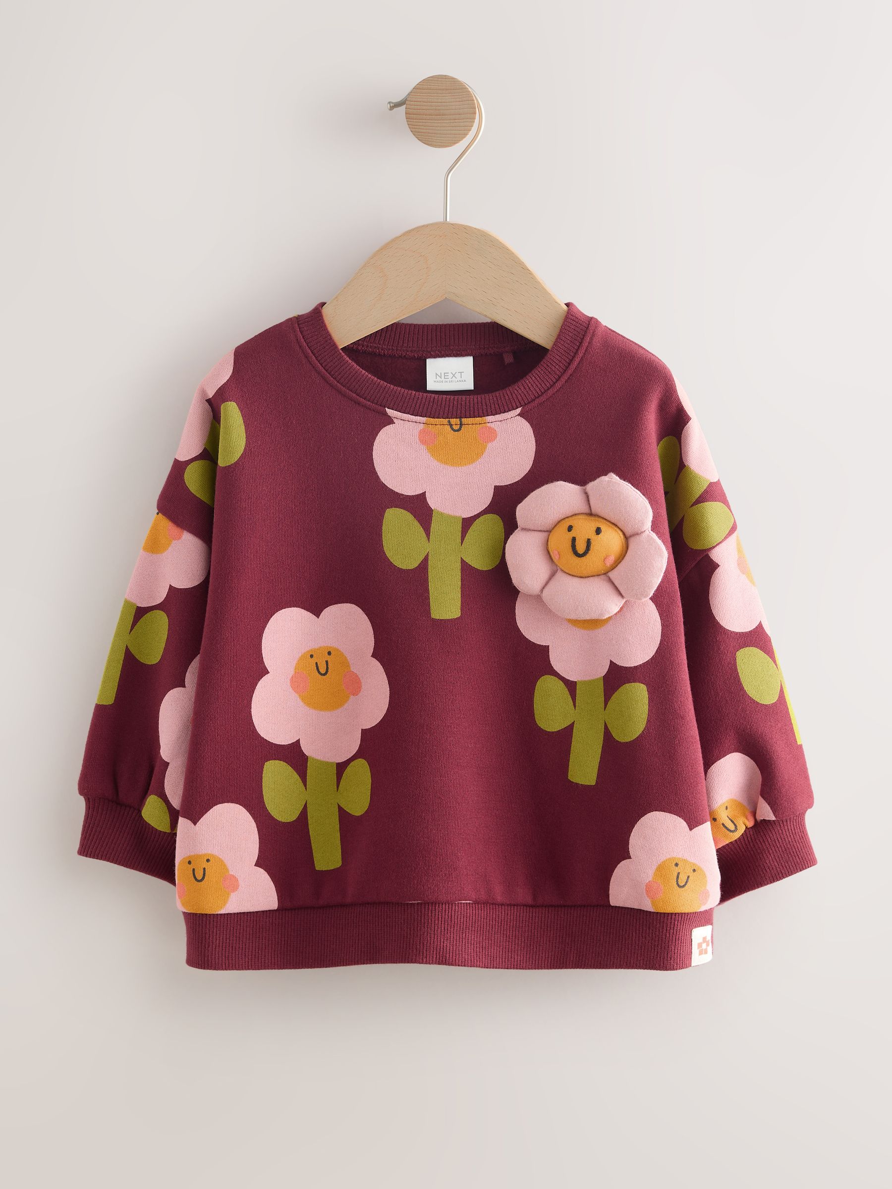 Bordeauxrode Smiley Bloemenprint - Sweatshirt met ronde hals (3 mnd-7 jr)