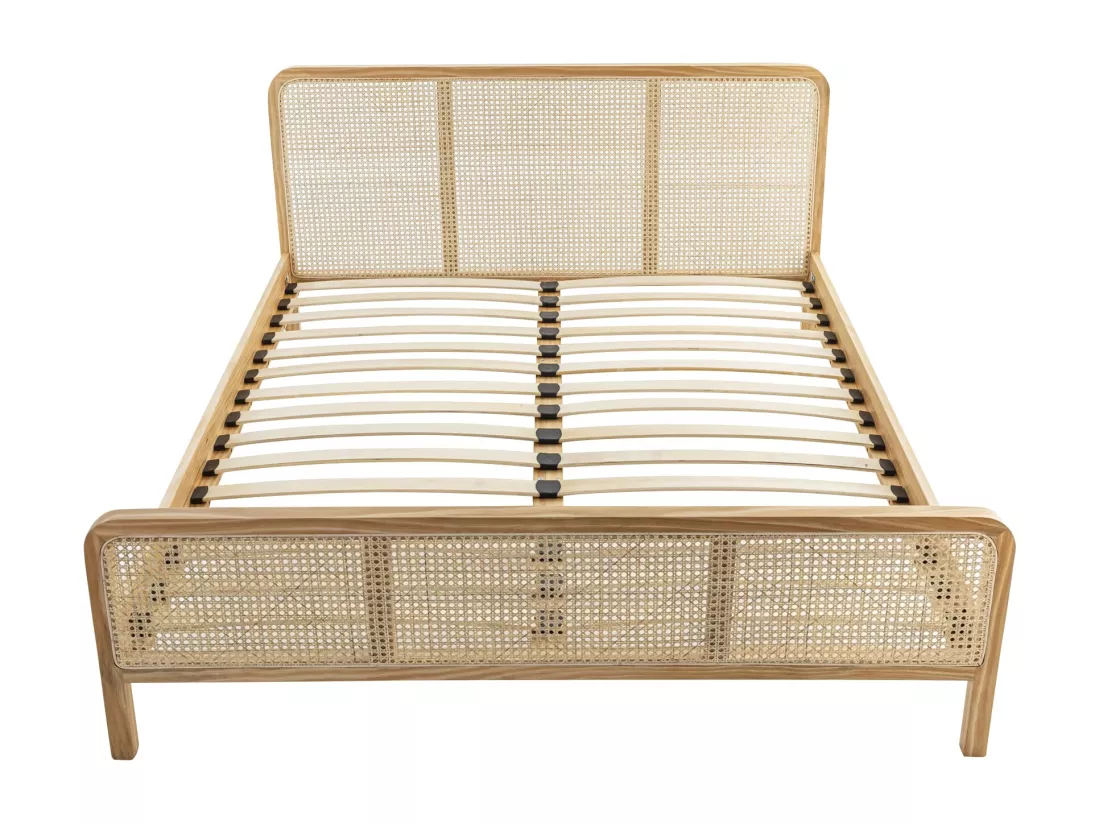 Lit adulte en pin massif avec véritable cannage 160x200 + set de 2 planches de chevet cannage