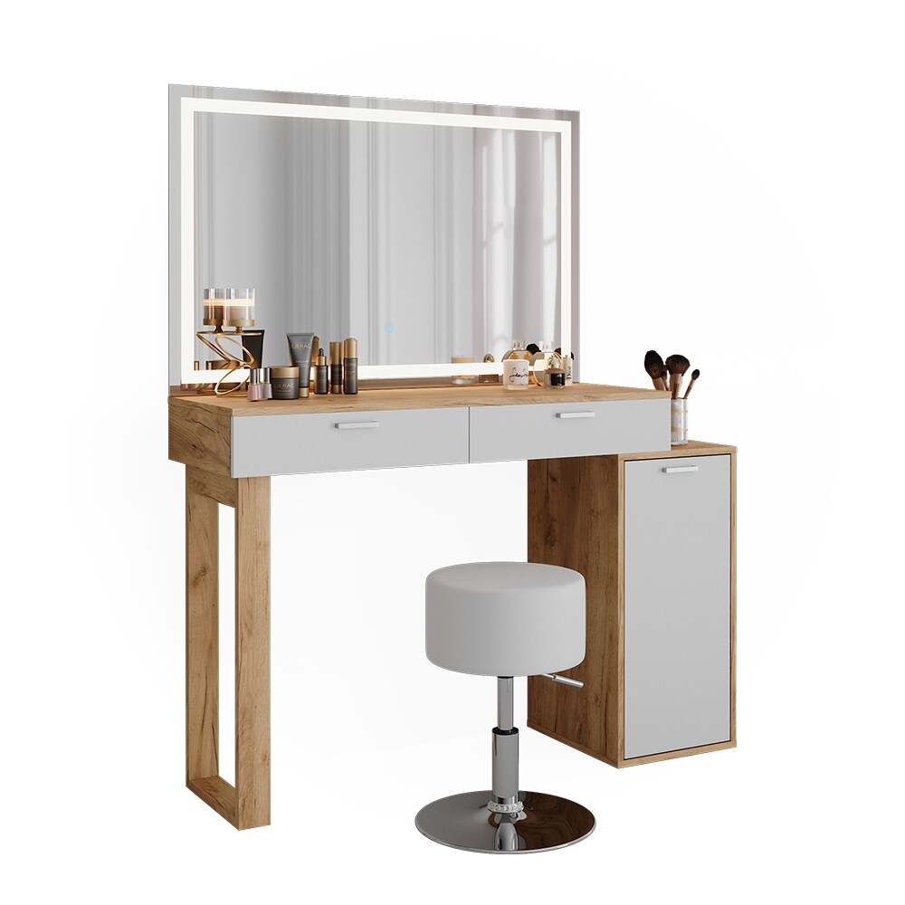 Vicco Schminktisch Regina Eiche Weiß 130 cm mit LED-Spiegel und Hocker
