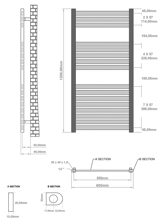 Eastbrook Defford handdoekradiator 60x120cm 695W antraciet