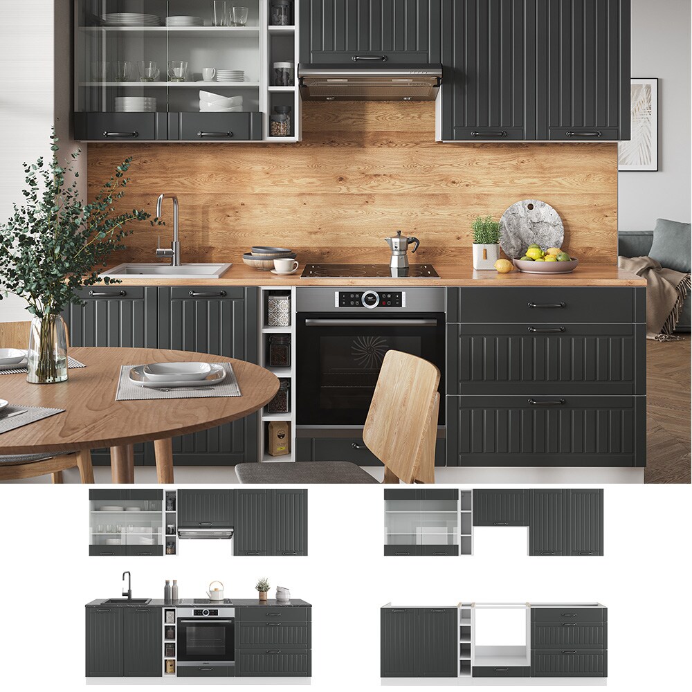 Vicco Küchenzeile Küchenblock Einbauküche Fame-Line Landhaus Weiß Dunkelgrau 235 cm Küchen Schränke Hängeglasschrank Hängeschrank Schubladenunterschrank Spülenunterschrank Herdumbauschrank