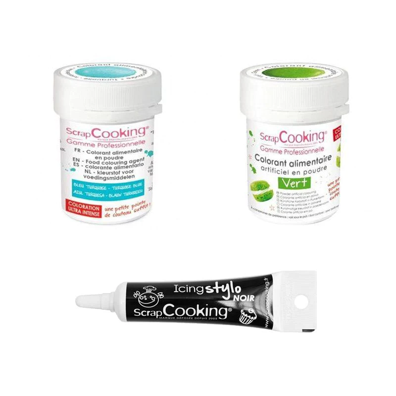 2 colorants alimentaires turquoise-vert + Stylo glaçage noir Scrapcook