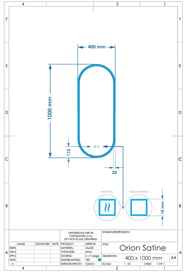 Gliss Design Orion toilet spiegel met LED-verlichting verticaal 40x100cm