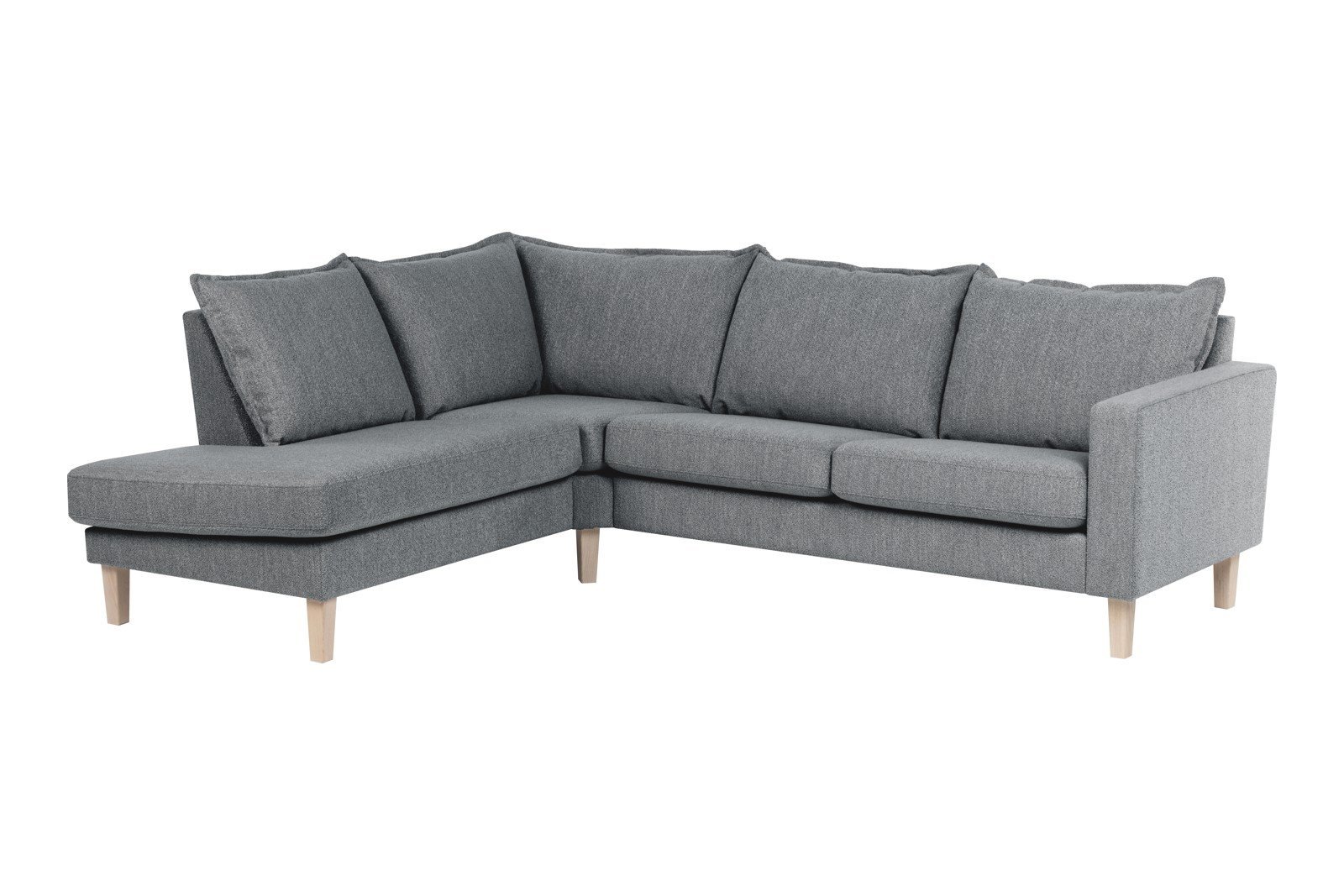 Slogen hjørnesofa Oppsett AV. 2,5-seter med åpen ende venstre. Tekstil Viva Grey med soft ryggpute. Vange B og hvitpigmentert ben 178.