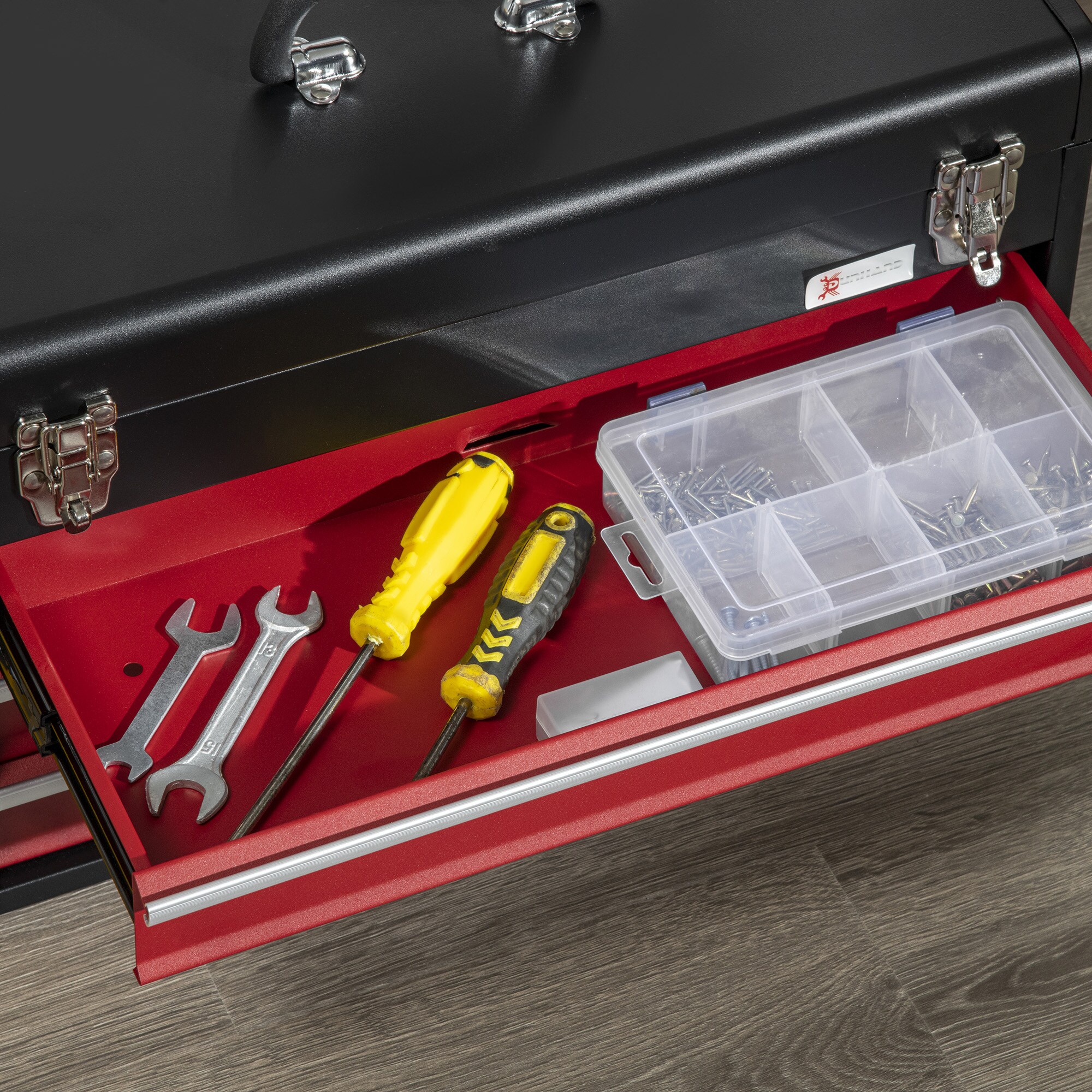DURHAND Werkzeugkiste mit 3 Schubladen schwarz, rot 51L x 22B x 32H cm