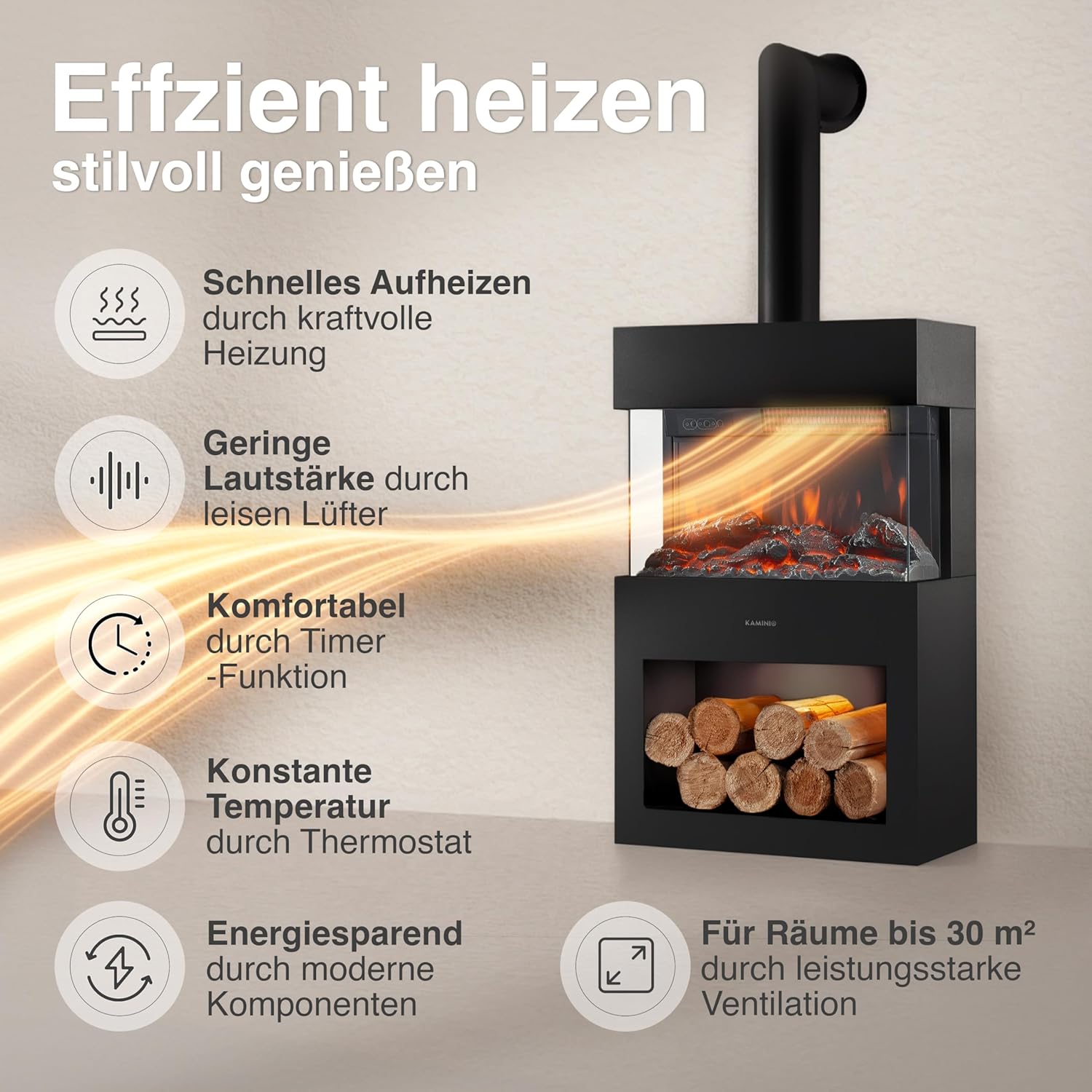 Elektrokamin Henri mit Ofenrohr - Elektrischer Kaminofen mit Heizung, 3D-Flammeneffekt, Holzfach, LED-Ambientelicht, Fernbedienung (Schwarz)
