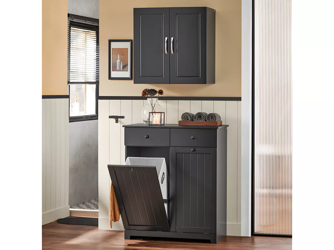 SoBuy Meuble Bas de Salle de Bain Armoire Toilette avec 2 Tiroirs et 2 Paniers à Linge Meuble de Rangement Coffre à Linge L78xP38xH91cm, Noir, BZR33-SCH