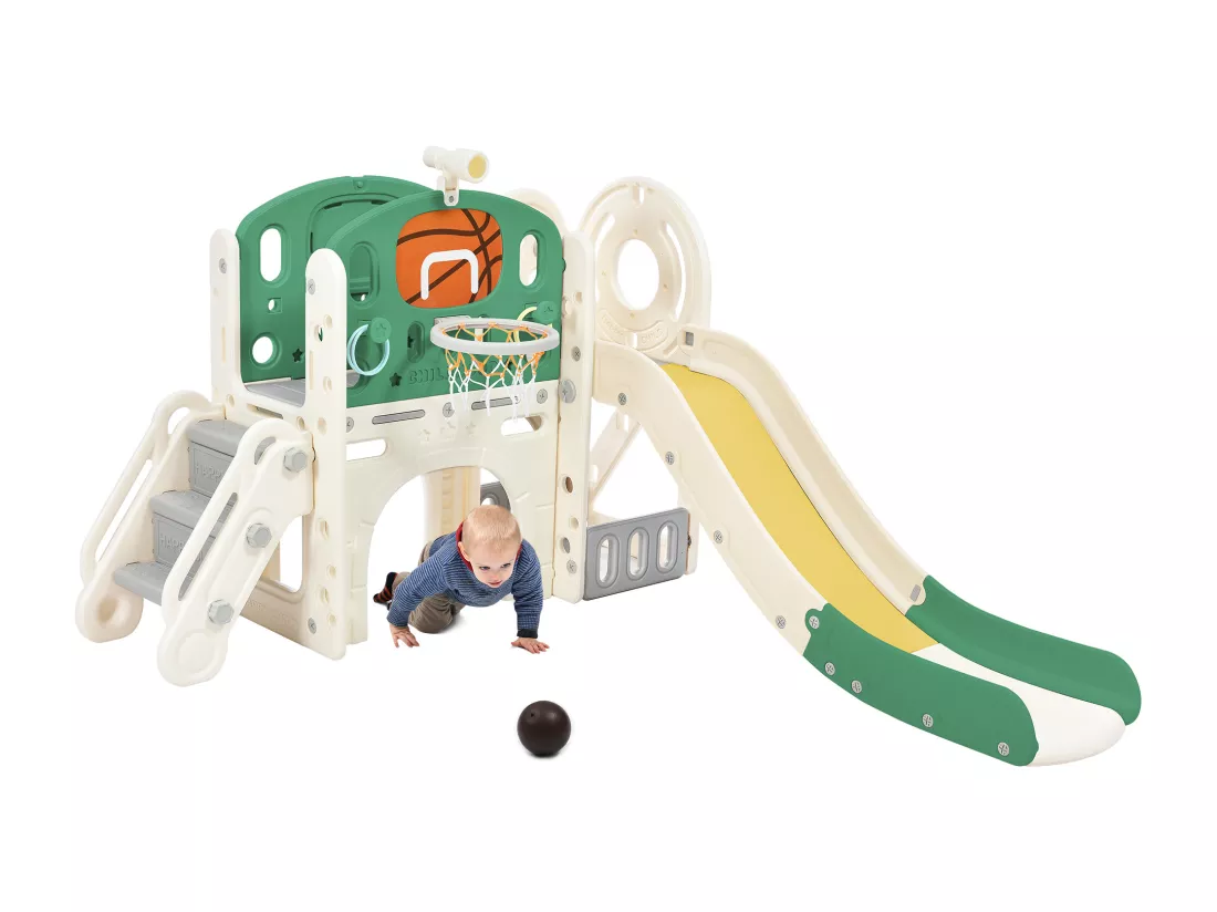 Toboggan pour Enfants,Aire de Jeux intérieure et extérieure- avec panier de basket, toboggan, ,Escalade- Vert