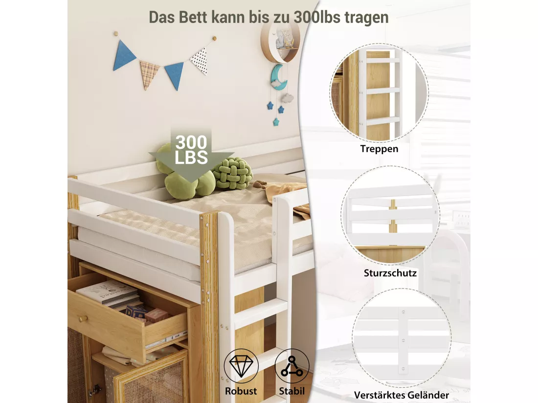 Lit enfant, lit enfant simple avec 2 casiers et échelle, sans matelas, 90 x 200 cm, blanc