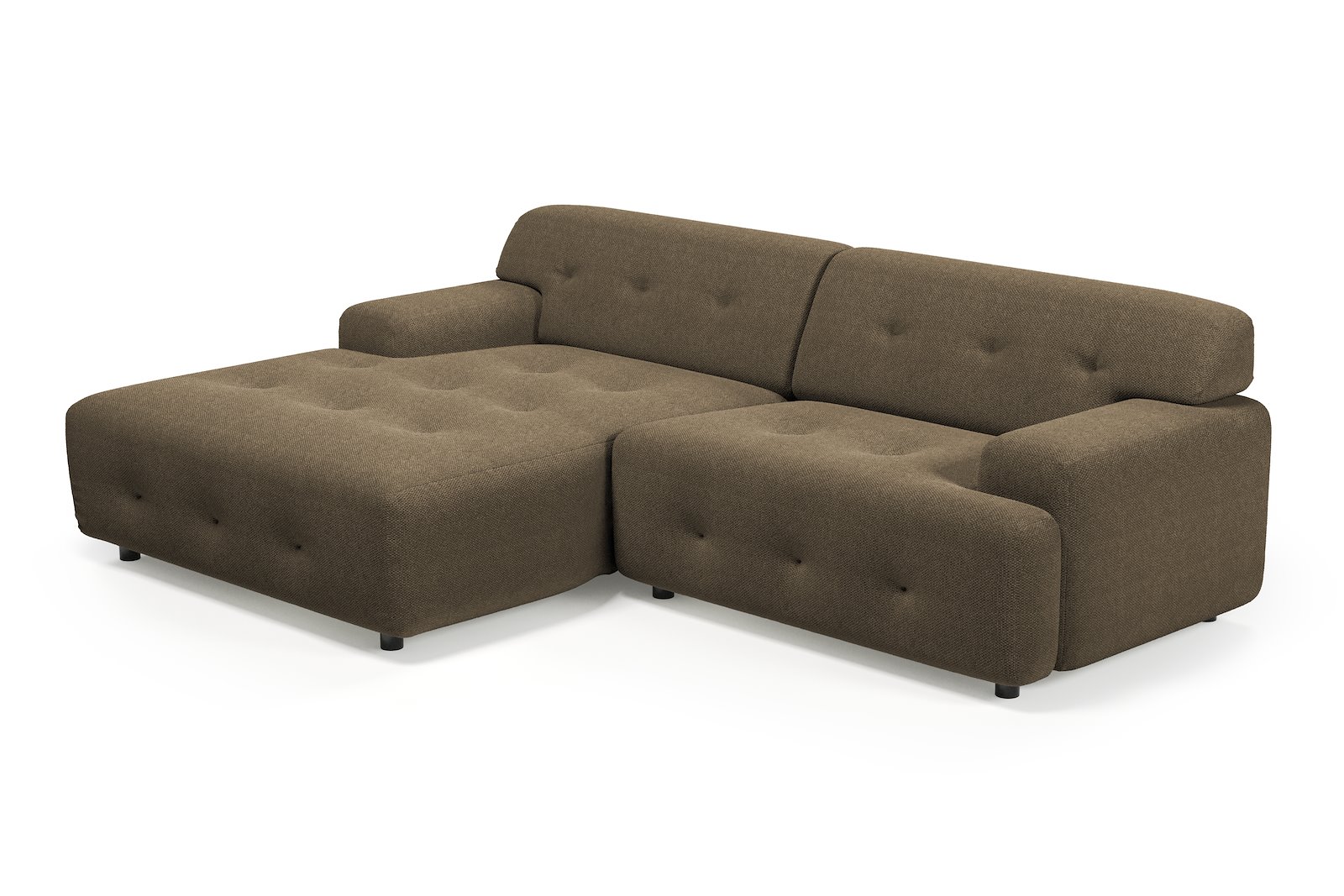 Bob sofa 1,5-seter med sjeselong venstre. Tekstil Mito 176 Dark Brown med sorte ben.