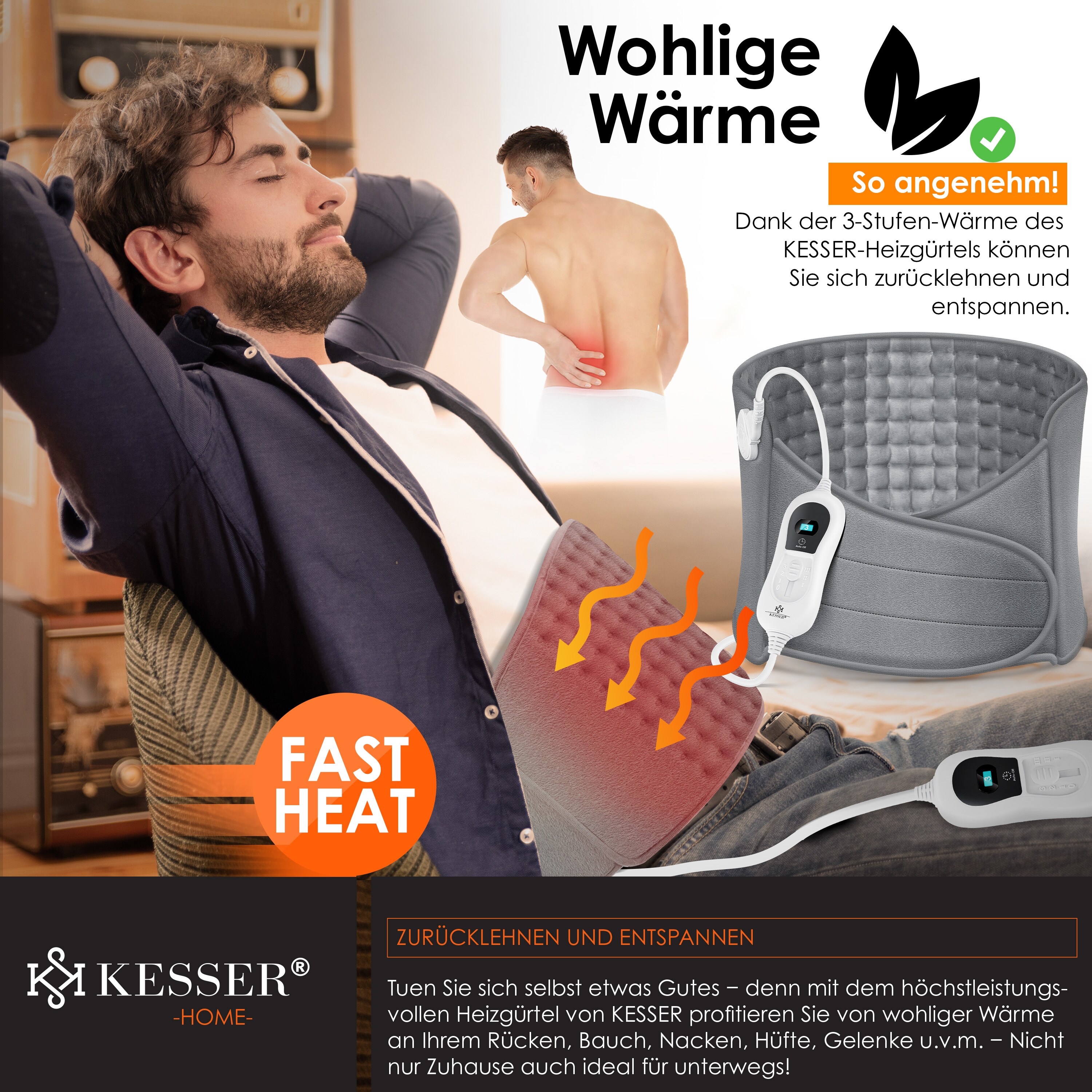 KESSER® Heizkissen elektrisch für Bauch und Rücken Inkl. Tasche - Heizgürtel mit 3 Temperaturstufen & Abschaltautomatik - Wärmegürtel mit verstellbarem Band und Klettverschluss