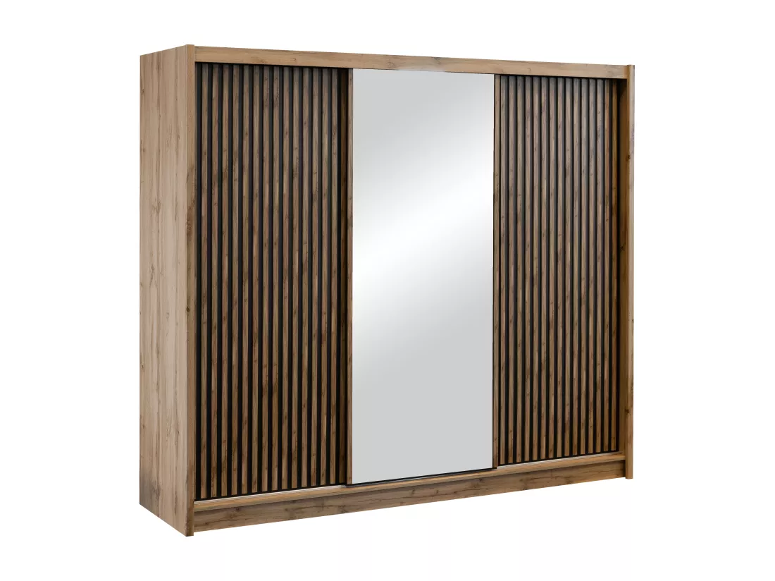 Armoire 3 portes coulissantes - Avec miroir - L250 cm - Coloris : Naturel et noir - CALOWI