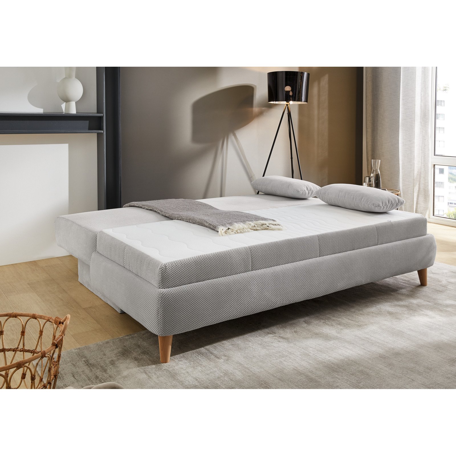 Bettsofa Famosa Stoff Punktcord hellgrau, Bettkasten