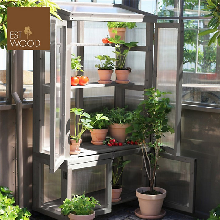 Serre de balcon bois gris et polycarbonate, avec roulettes 79 x 39 x h.159 cm
