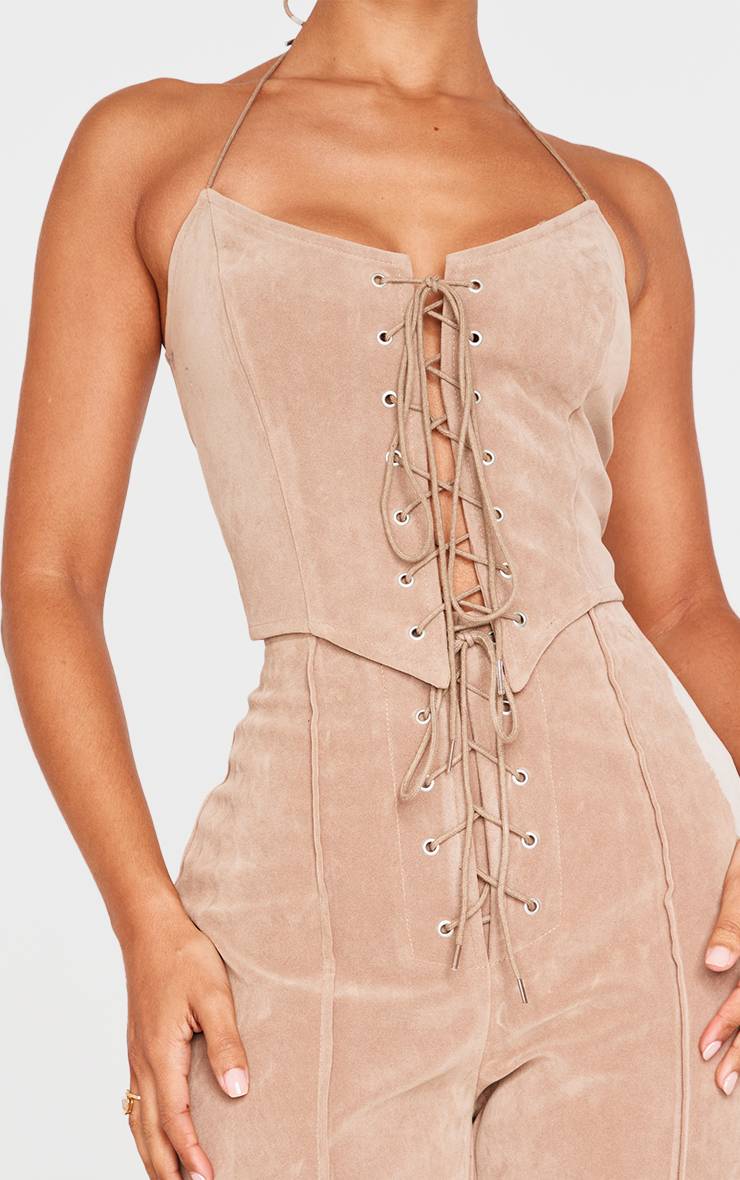 Taupe Top Corset Petite En Synthétique À Lacets