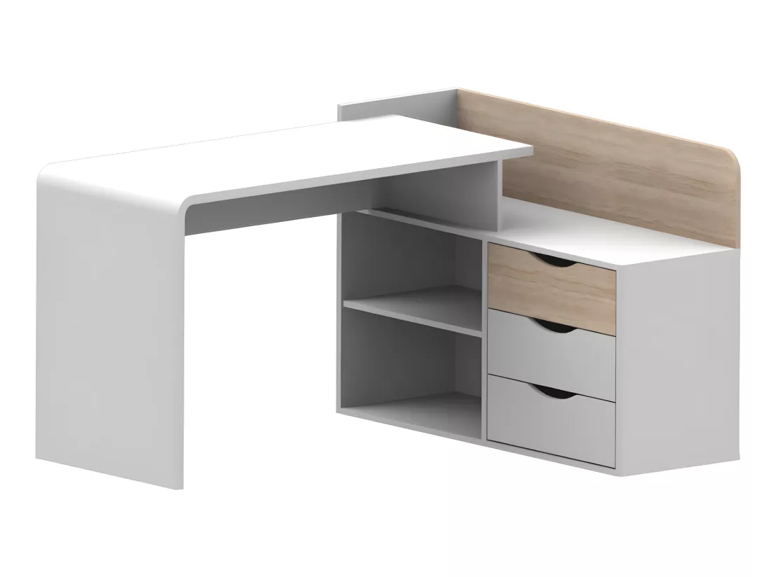 Bureau d'angle DECLAN II - MDF - 3 tiroirs & 2 niches - Coloris : Blanc & Chêne