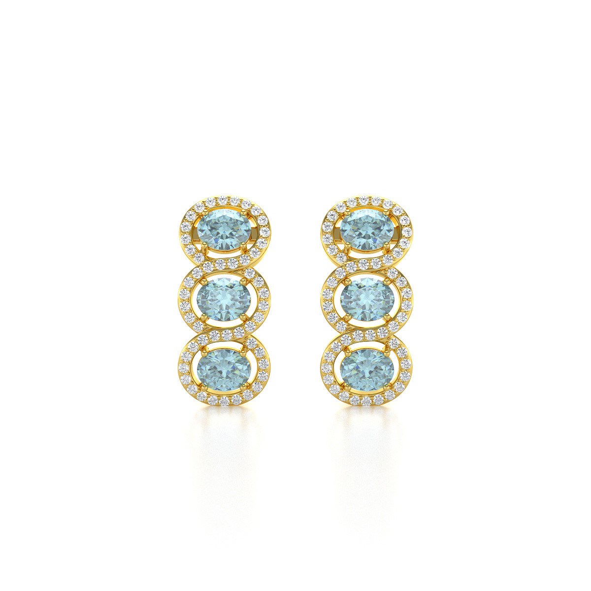 Boucles d'oreilles ADEN Or 585  Jaune Aigue-Marine forme Ovale et Diamants 4.55grs
