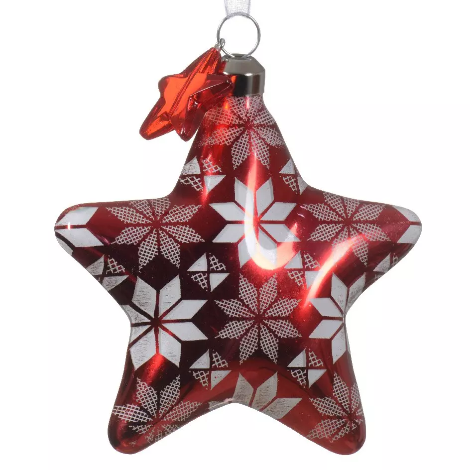 Lot de 2 étoiles de Noël à suspendre en verre (H8 cm) Floconées Rouge