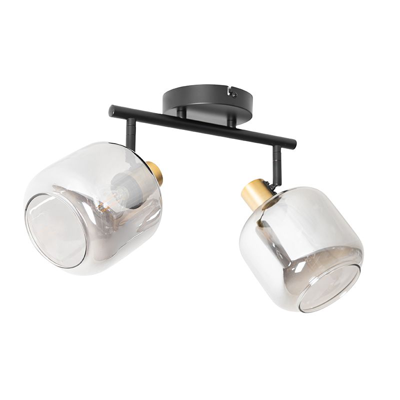 Plafondspot zwart met goud met smoke glas 2-lichts - Zuzanna