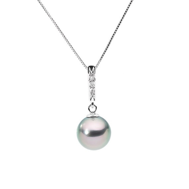 Collier Pendentif en Or Blanc 375/1000, Diamants et Perle de Tahiti