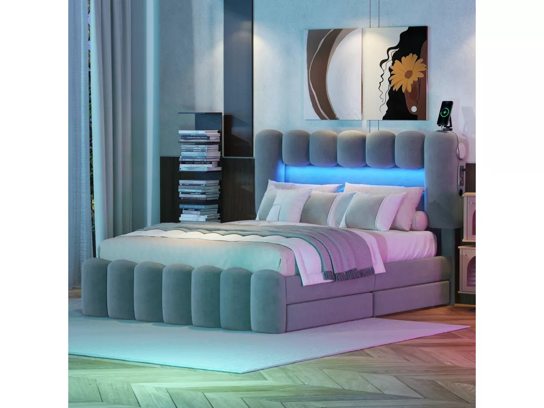 Lit avec tiroirs Lit adulte double 140 x 200 avec 4 tiroirs. LED avec USB et stéréo. en Cuir Gris