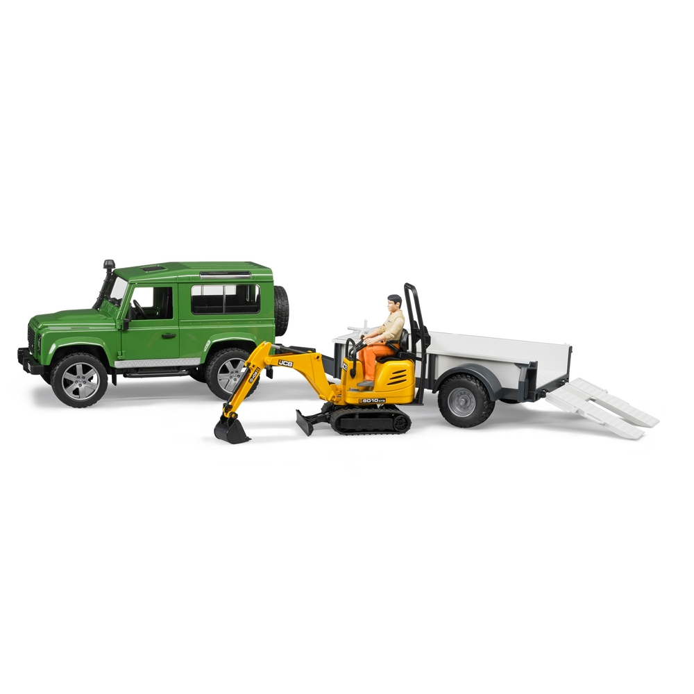 Bruder Land Rover Defender mit Anhänger, JCB-Bagger und Arbeiter