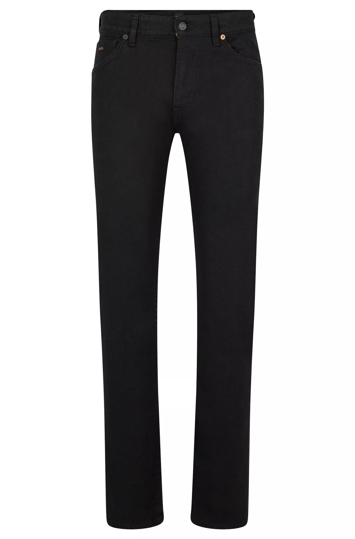 Calça jeans BOSS laranja, corte regular, em denim preto com elastano para maior conforto.